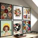 KKP 6Pcs Colorful Girl Bedroom Wall Art, Chic Eclectic Posters Prints, Boho Sun Face ＆ Record Player and Books Pictures Wall Decor for Teen Girls Apartment Dorm 12x16 Inch Unframed