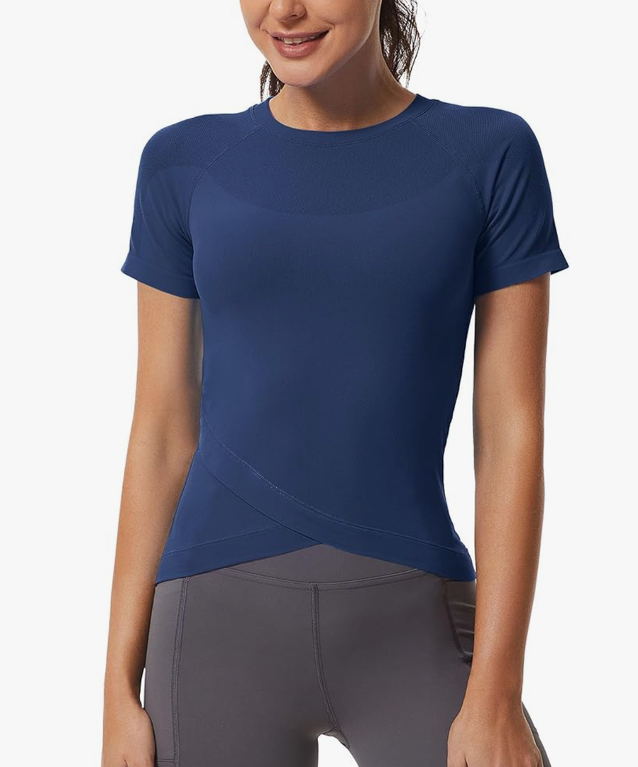 MathCat Workout Shirts for Women, Workout Tops for Women Short Sleeve, Cross Hem Compression Shirts, Athletic Running Yoga Gym Tops Peach, Navy, Small, Pack of 2