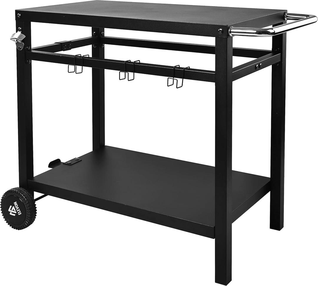 Elevon Dining Cart Table with Double-Shelf, Movable Steel Flattop Worktable, Hooks, Side Handle, Multifunctional