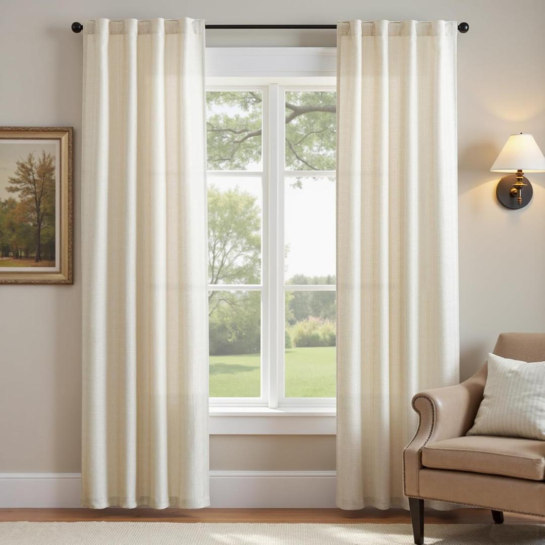 jinchan Curtains for Living Room Bedroom Linen Textured Curtains 90 Inches Long Farmhouse Country Casual Weave Back Tab Drapes Light Filtering Window Draps 2 Panels Heathered Beige