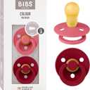 Bibs Pacifiers Color Collection, Set of 2 BPA-Free Latex Pacifiers Made in Europe, Round Nipple Baby Pacifier. (6+ Month (Pack of 2), Coral / Ruby)