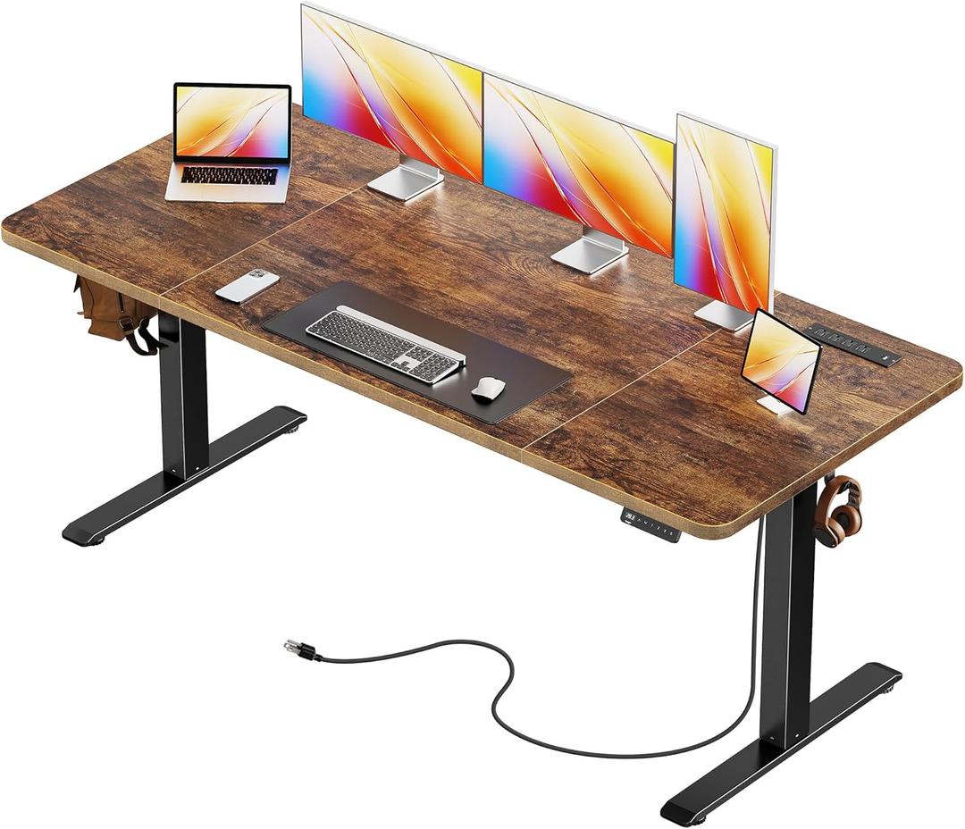 Huuger 63 X 24 Inch Electric Standing Desk with Power Outlets and USB-C Port, Height Adjustable Desk, Sit Stand Desk for Home Office, Computer & Gaming Desk, Stable Steel Frame, Rustic Brown, 63 x 23.6 inch