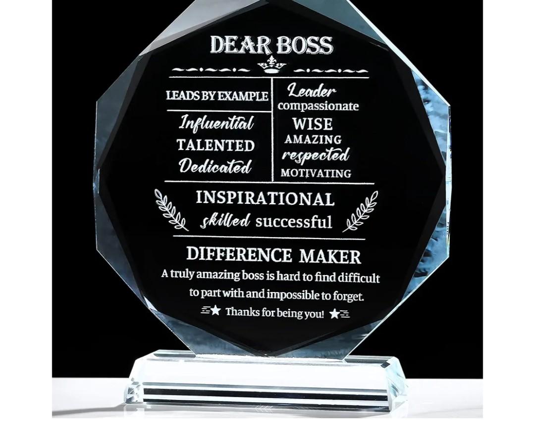 Movdyka Boss Gifts for Men Women Best Going Away Retirement Appreciation Gifts for Boss Lady Crystal Office Decor Plaque Gifts Boss Day Birthday to My Boss, Clear