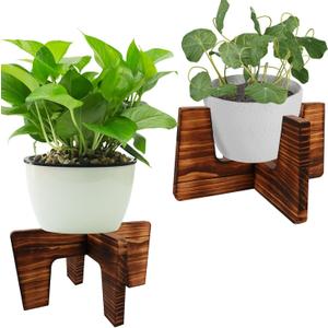 Plant Stand Indoor, Short Plants Holder for 5-15 Inch Pot, Brown Wooden Flower Pot Stand for Indoor Plants, Small Single Floor Plant Stand, Wood, 2 PCS