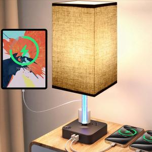 Bedside Table Lamp - Touch 3 Way Dimmable Lamp with 3 USB Charging Ports & 2 AC Outlets, Square Base Rectangular Flaxen Shade, Bedroom, Office, Dorm, Decor, LED Bulb Included (Black-Black)