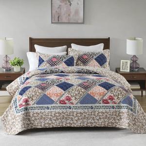KALOOLA Oversized Bedspread Quilt 128x120, 100% Cotton Floral Bedspreads King Size, Lightweight Plaid Reversible Coverlet Comforter Set with Pillow Shams, 3 Pieces, Navy