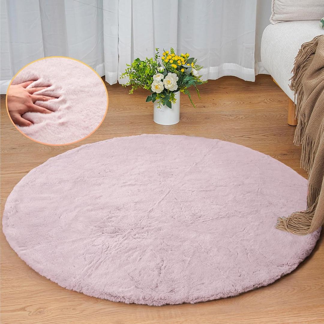 Pink Washable Fluffy Rugs for Bedroom Small Circle Faux Rabbit Shag Fur Area Rugs for Living Room Nursery Round Rug 3ft Rug