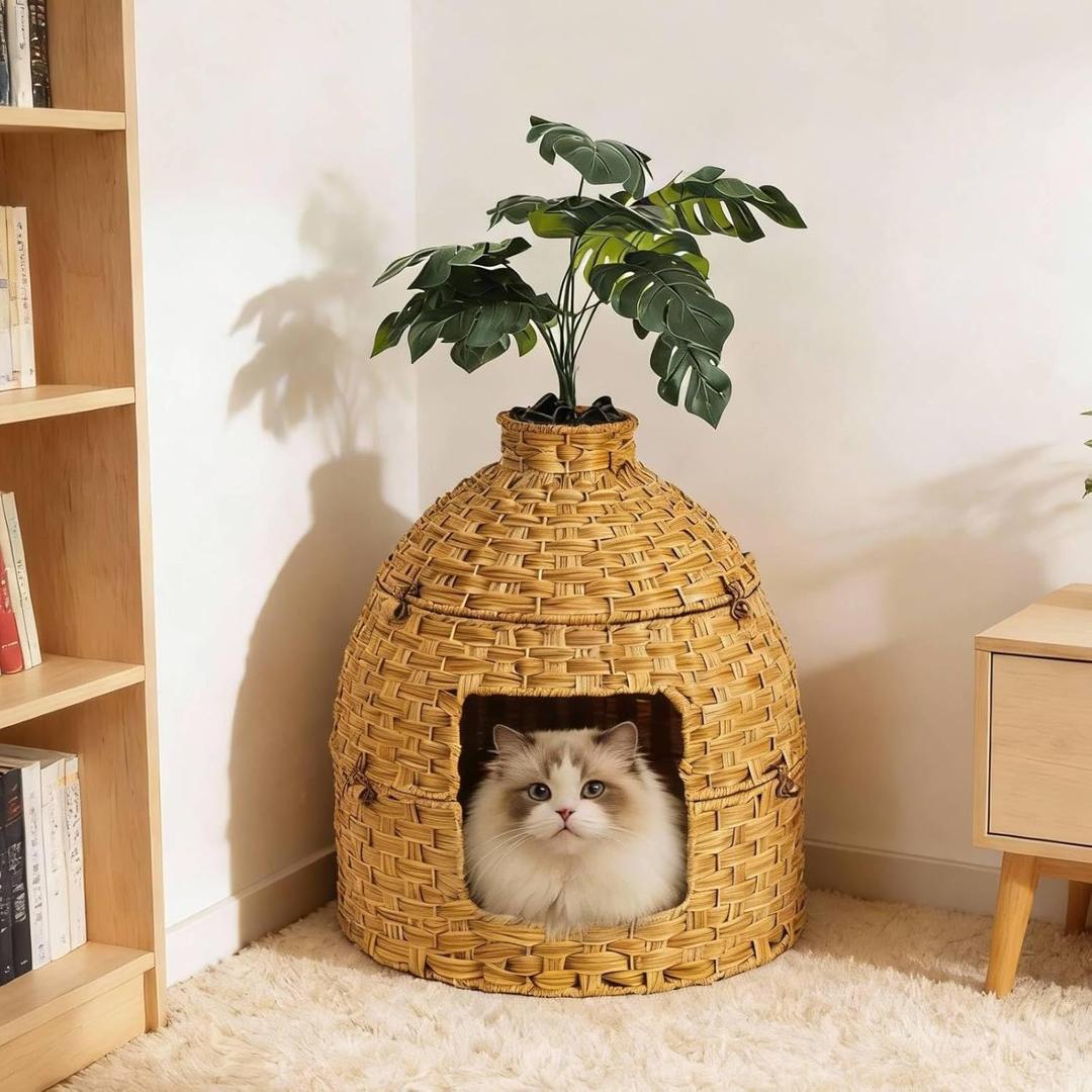 Cat Hidden Litter Box Enclosure Furniture with Artificial Plants,Handwoven Rattan with Cat Litter Box and Real Stones,in Living Room, Bedroom, CornerNatural