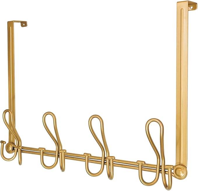 Double Prong Over The Door Hook Rack, with 4 Triple Hooks to Hang Your Coats, Hats, Towels, Purses and More in Your Bathroom, Bedrrom or Walk-in Closets - Gold