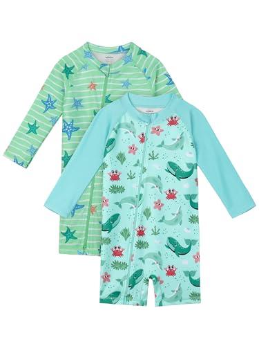 AlisOker 2 Pack Baby Toddler Boys Swimsuits UPF 50+ Sun Protection Long-Sleeve Rash Guards Baby Dry Fit Bathing Suit with Zip, Size 2T