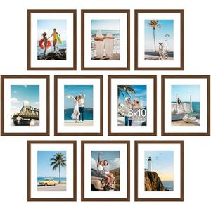 DecorUhome 8x10 Picture Frame Set of 10, Display Photos 5x7 with Mat or 8x10 Unmatted for Picture Frames Collage Wall Decor, Brown