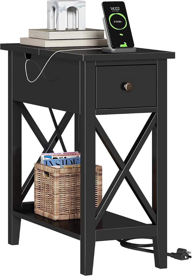 ChooChoo End Table with Charging Station, Narrow Side Table with USB Ports and Outlets, Nightstand with Drawer, for Small Spaces, Bedside Tables for Living Room, Black, 1 Pack