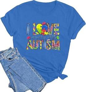 Autism Awareness Shirt Women Autistic Support Graphic Shirts Special Education Tops Casual Mental Health Short Sleeve Tee Light Blue, Light Blue Large