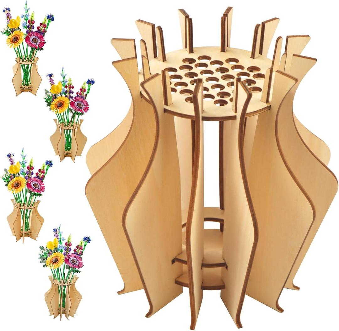 Vase for Lego Flowers - Wooden Puzzle Flower Vase for Lego Flower Bouquet Building Set - Display Stand for Lego Roses Cherry Blossom Sunflower Tulips Daffodils Lotus (Minimalist Design)