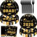 Graduation Decorations Class of 2025, JESTAR 2025 Graduation Party Supplies Disposable Grad Plates and Napkins Party Decorations Graduation Cap Decorations for Congrats Grad Party, Serve 24 (Black)