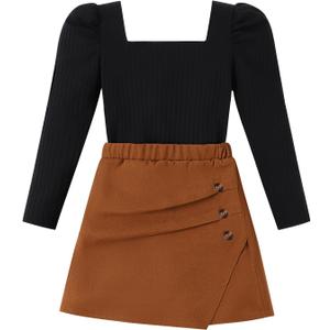 Girls Plaid Skirt Set A-Line Skort 2PCS Outfit Casual Square Neck Knit Puff Sleeve Shirt Top Fall Winter Clothes 7-14Y (9-10 Years, Brown)