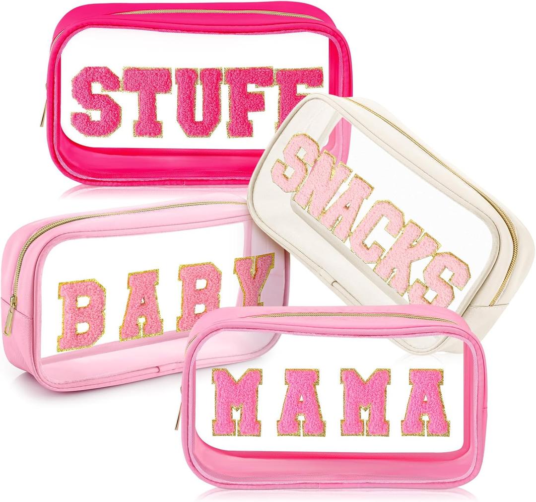 4 Pcs Mama and Baby Toiletry Bag Clear Chenille Letter Diaper Bag Pouch Snacks Makeup Stuff Travel Preppy Transparent Pouch with Zipper for Women Gift(Bright Color)