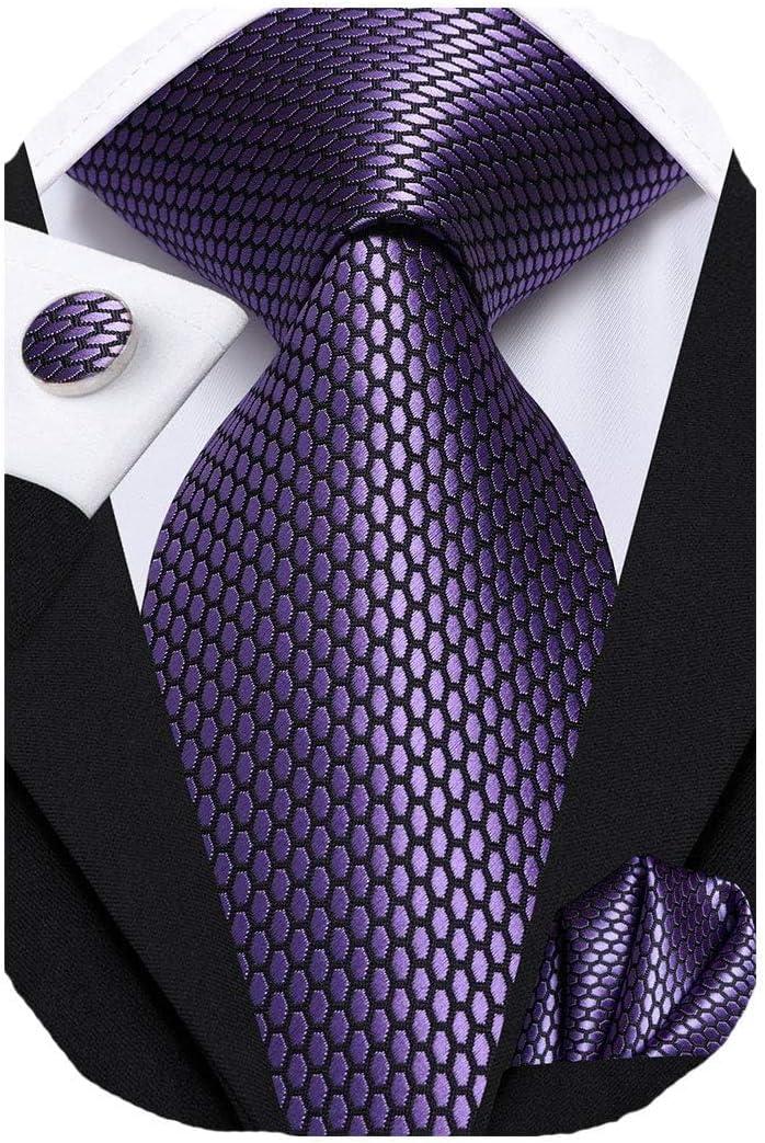 Dubulle Mens Tie Set Solid Paisley Silk Striped Necktie for Men with Cufflinks Tie and Pocket Square (Dark Purple)