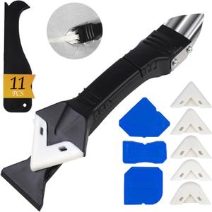 11Pcs Silicone Caulking Tools 3 in1 Grout Removal Tool(Stainless Steelhead)&Grout Remove Scraper,5 Silicone Replaceable Pads,4 Glass Glue Angle Scraper, Caulk Remover for Kitchen/Bathroom/Window/Joint