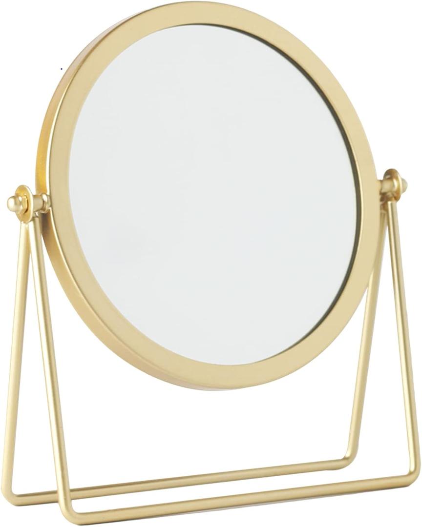 Geschaft Golden Tabletop Single Sided Makeup Mirror, 360Rotation Iron One-Sided Dressing Table Mirror, Round Swivel Desktop Stand Mirror (Golden - Round),7.1'' (L) x 2'' (W) x 8.5''(H)