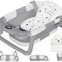 MoreFeel Collapsible Baby Bathtub for Newborn with Thermometer & 1 Hooded Towel & 1 Soft Floating Cushion,Portable Travel Bathtub with Drain Hole, Durable Foldable Baby Tubs for Infants to Toddler