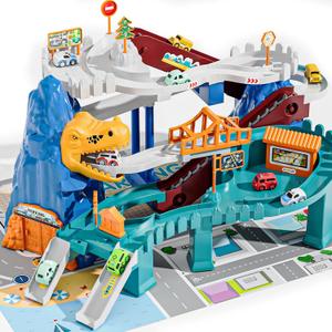 Toy Car Ramp Track Dinosaur Climbing Hills - 10 Mini Racer Cars Colorful Construction Play Set for Preschool Gifts Kids Ages 3+