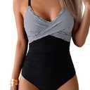 B2prity Women's One Piece Swimsuits Tummy Control Front Cross Bathing Suits Tie Back Slimming V Neck Swimwear Black Stripe, XL
