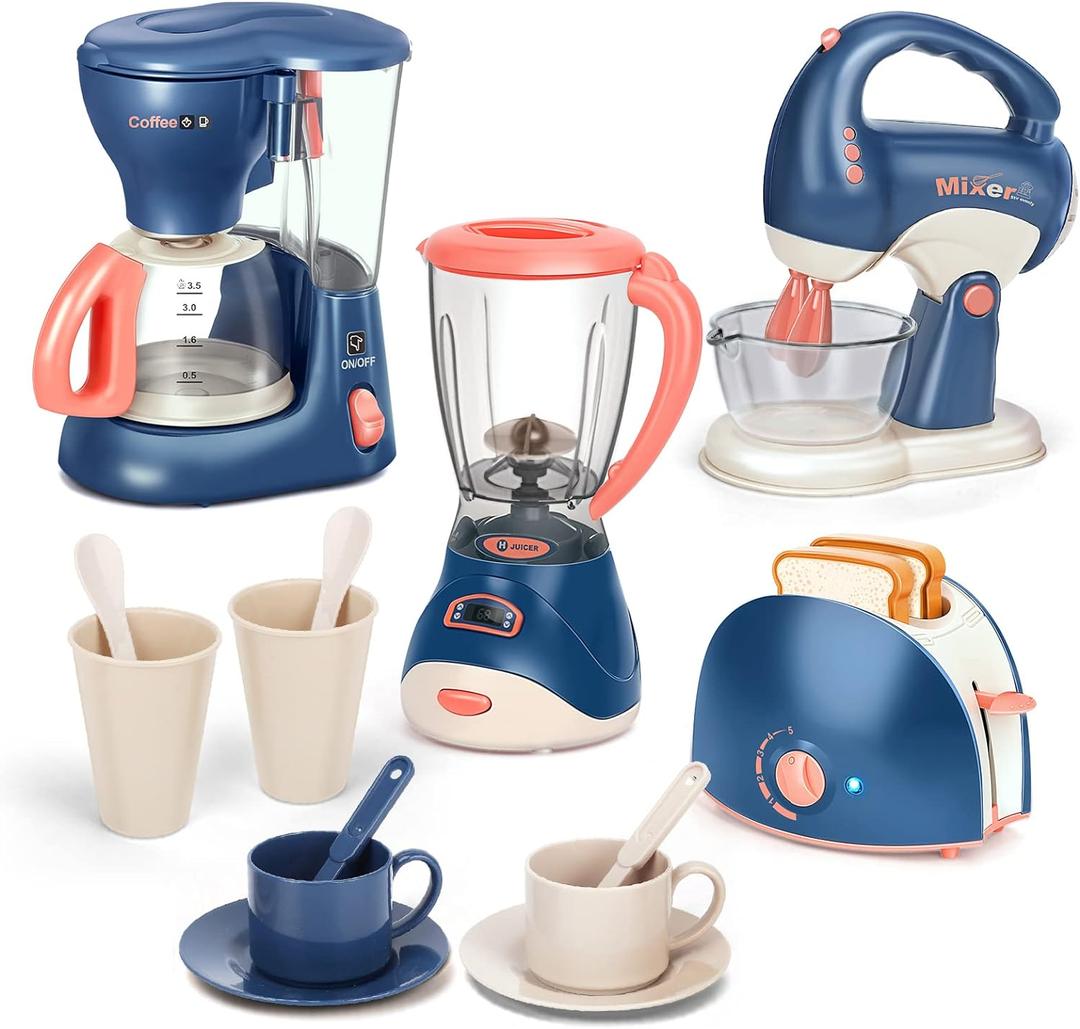 Yalujumb Pretend Play Kitchen Appliances Toy Set with Coffee Maker Machine,Blender, Mixer and Toaster with Realistic Light and Sounds for Kids Ages 4-8