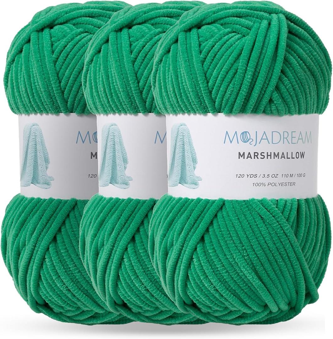 Marshmallow Yarn 3PCS 3.5oz Soft Chenille Yarn for Amigurumi Baby Blanket Yarn: No Shedding Soft Easy to Knitting and Crocheting Bulky 5# Yarn 3 Skeins of 100g (Leprechaun Color)