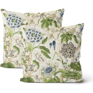 Chinoiserie Pillow Covers 20x20 Inch Set of 2 Vintage Blue Green Floral Bird Throw Pillows Chinoiserie Flower Pillowcases Outdoor Decor Linen Cushion Covers for Couch Sofa