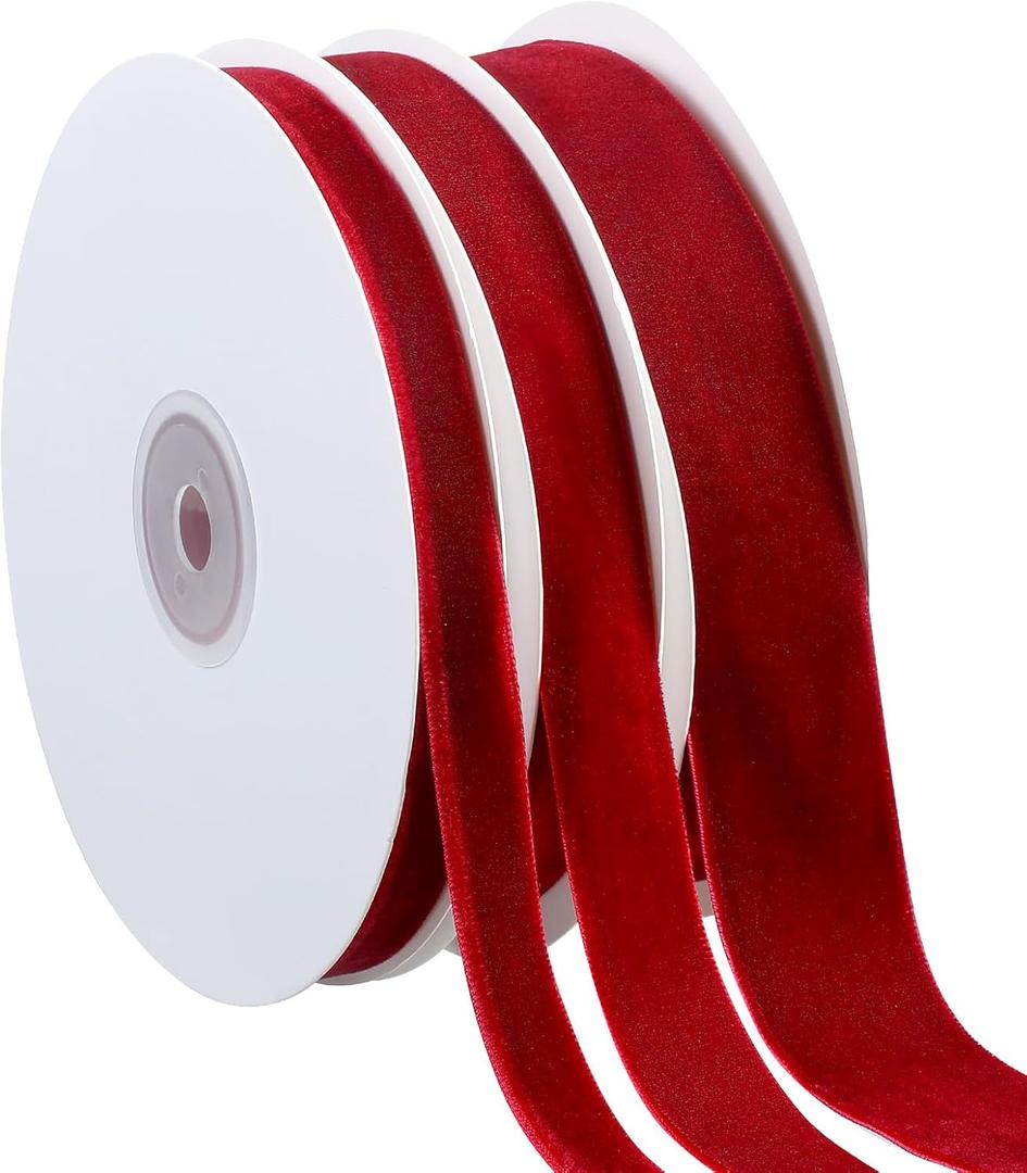 Jutom 3 Rolls Christmas Vintage Velvet Ribbon Vintage Solid Color Velvet Ribbon for Christmas Wedding Wrapping DIY Crafts Decoration Favors, Total 30 Yards(Wine Red)