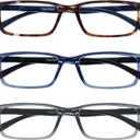 OPULIZE SEE Reading Glasses with Blue Light Blocking for Women and Men, Narrow Frame, Spring Hinges, Computer Gaming Glasses, Brown,Blue,Grey +2 (Pack of 3)