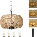 Battery Operated Outdoor Chandelier with Remote & Dimmable LED Bulb, Rattan boho battery powered outdoor lights for patio, Farmhouse hanging pendant light Fixture for yard garden Porch Gazebo