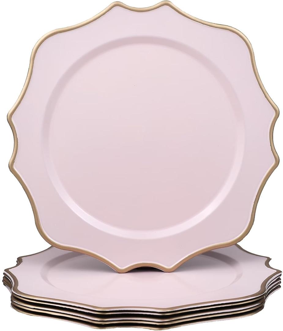 Pink Chargers for Dinner Plates, 13 Inch Scalloped Plastic Decorative Table Charge Service Plates Set of 6 for Wedding, Holiday, Thanksgivng, Christmas