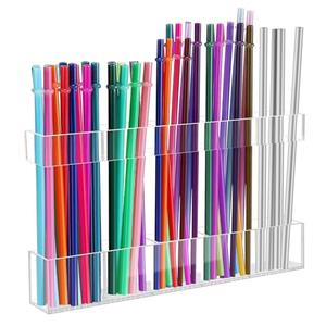 Malldii 9.5” Large Acrylic Straw Holder for Cabinet Door - Reusable Tumbler Straw Organizer Storage, Small Kitchen Accessories Container, Ultra Sticky Cupboard Door Mounted (Transparent)