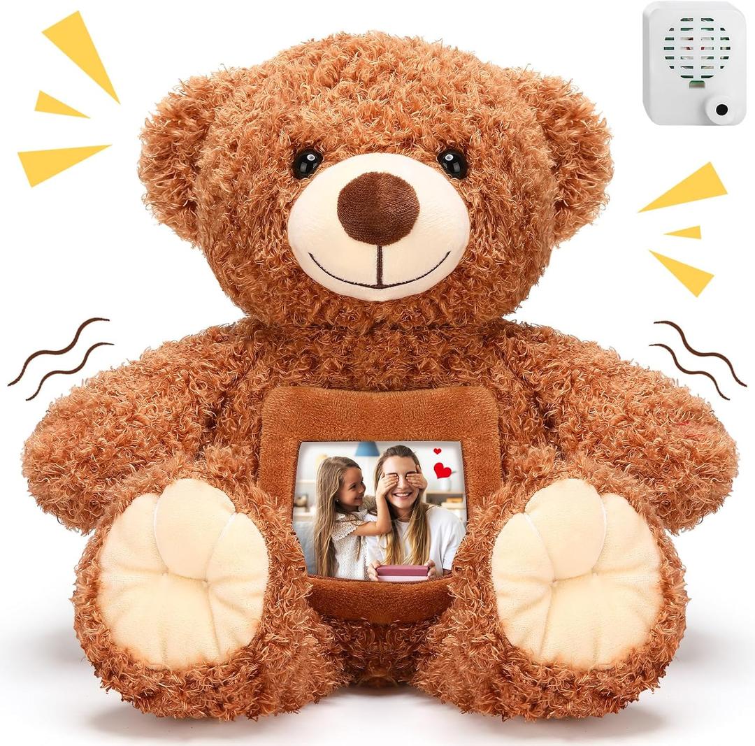 Liliful Christmas Bear Stuffed Animal Operation Recorder Bear with Voice Recorder 12 Inch Remembrance Animal Plush Toy with Photo Frame for Christmas Baby Shower Wedding Gifts(Dark Brown)