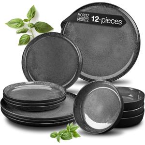 VIDA 12-Piece Porcelain Dinnerware Plate Set for 4 | Includes 4 Dinner Plates, 4 Dessert Plates, 4 Bowls | Modern Grey Ceramic Tableware, Stoneware Look, Microwave & Dishwasher Safe Dishes (Gray)