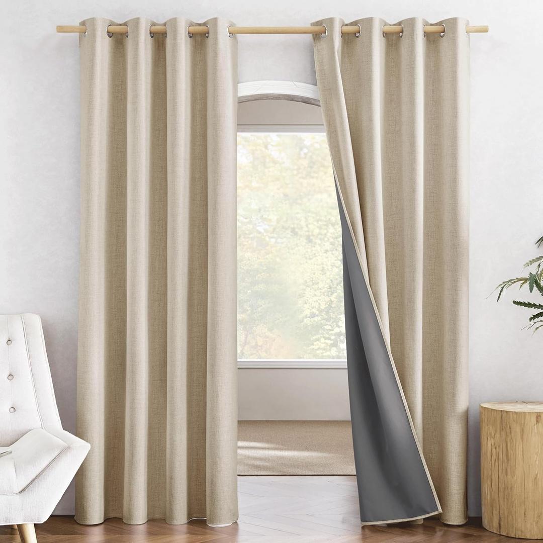 NICETOWN Cream 100% Blackout Linen Curtains 84 inch Long Burg for Living Room, 1 Pair, 52" Width Each Panel, Farmhouse Thick Completely Blackout Window Treatment Thermal Insulated Drapes