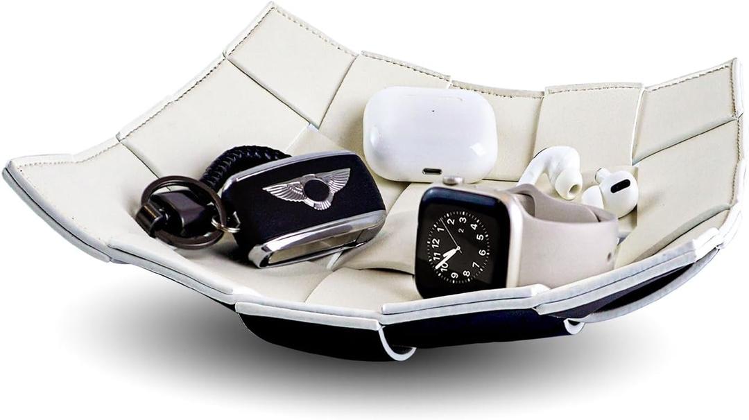 MSJGA Valet Tray for Men and Women PU Leather Key Holder Bowl for Entryway Table Bedside Nightstand Desk Catchall Organizer Tray for Wallet, Watch, Key, Phone Men's Gift - 9.8" L x 9.8" W x 2" H