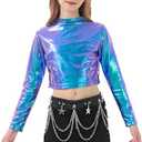 LOLANTA Metallic Dance Tops for Girls Long Sleeve Cropped Y2K Top Shiny Disco Streetwear Rave Party Festivals Costumes Size 11