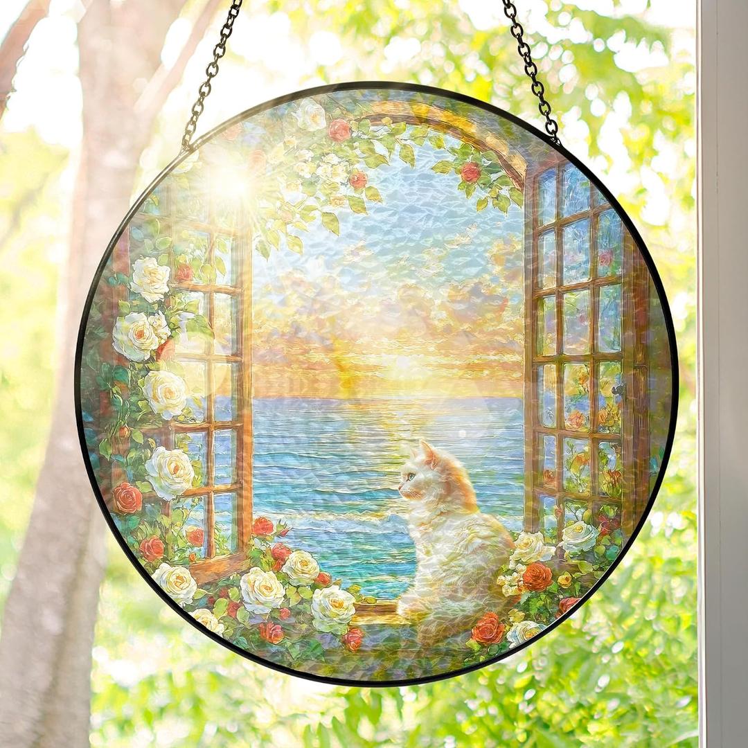 FLAGWIX Cat Gifts for Women - Stained Glass Window Hanging 10 in - Cat Lady Gifts for Women Mom Grandma Pet Lovers, Suncatchers for Windows Hanging Coastal Decor, Suncatcher Decorations for Home
