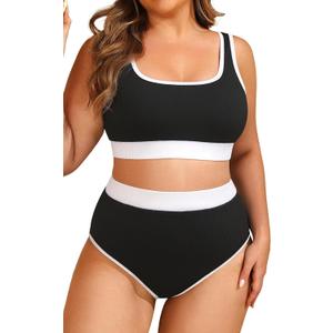 Tempt Me Women Plus Size High Waisted Bikini Set Two Piece Swimsuit Full Coverage Sporty 2 Piece Bathing Suits (Black White) 14W