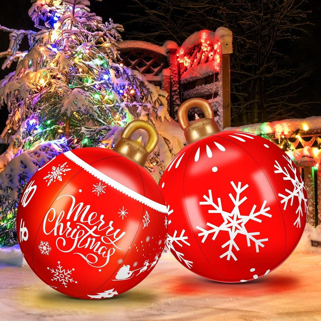 Jetec 2 Pcs 24 Inch Light up Inflatable Christmas Balls Giant PVC Decorated Balls Large Christmas Blow up Decorations for Xmas Holiday Yard Lawn Porch Tree Outdoor Decorations No Remote Control