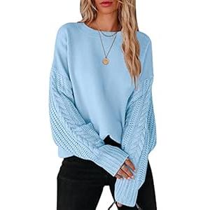 ANRABESS Women's Crewneck Cable Knit Long Sleeve Oversized Cozy Casual Chunky 2024 Fall Pullover Sweater Tops Trendy Outfits Blue Small