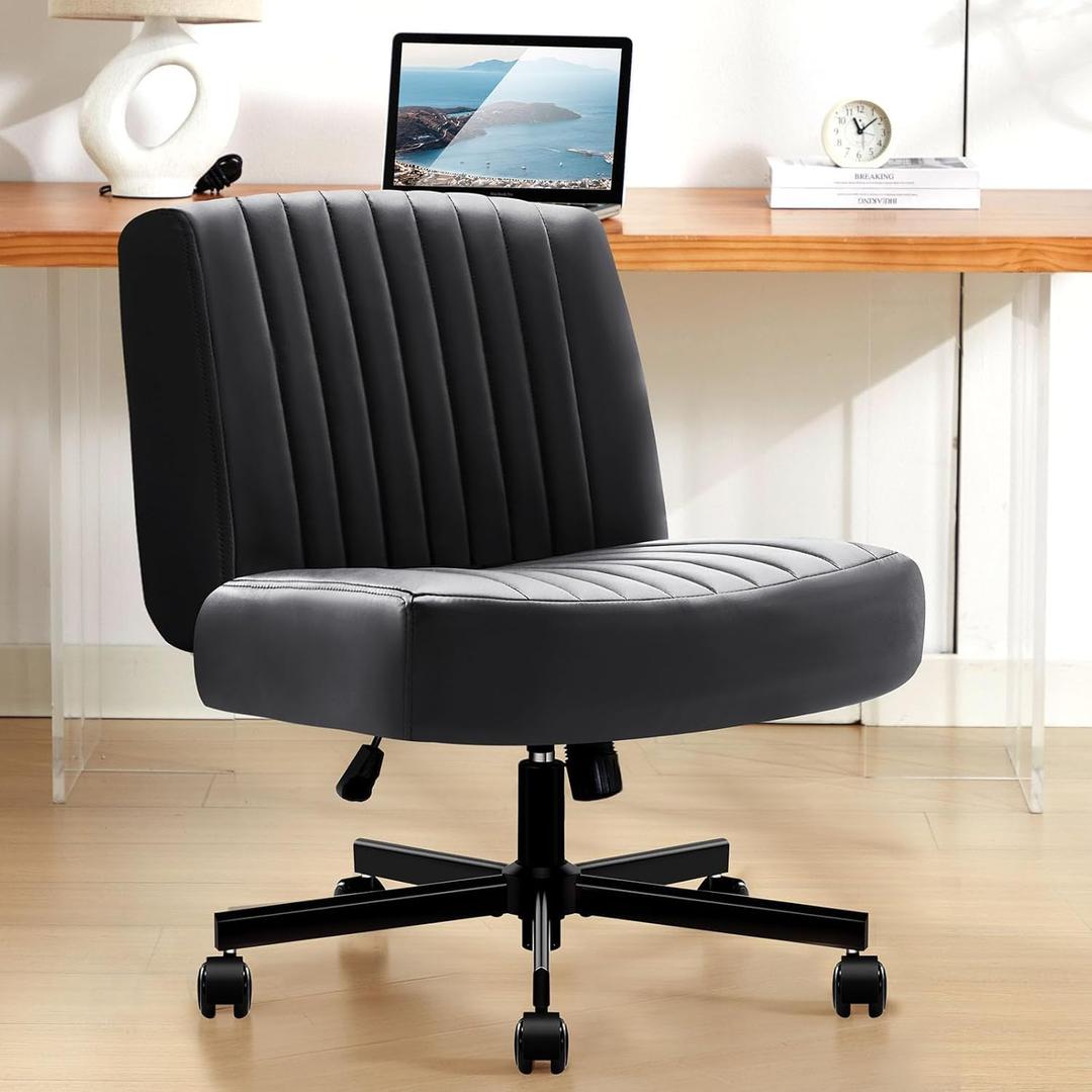 Criss Cross Chair with Wheels,Thick Padded Leather Cross Legged Office Desk Chair with Pocket Spring Cushion,Dual-Purpose Base,Wide Adjustable Computer Home Office Vanity Chair,Black