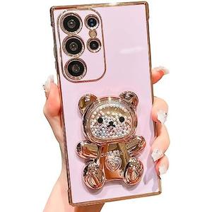 Kwhapoo Cute Compatible with Samsung Galaxy S22 Ultra 6.8 inch Stand Case,Luxury 3D Gold Color Beads Quicksand Girly Cartoon Bear Kickstand for Women,Soft TPU Shockproof Love Hearts Cases(Purple)