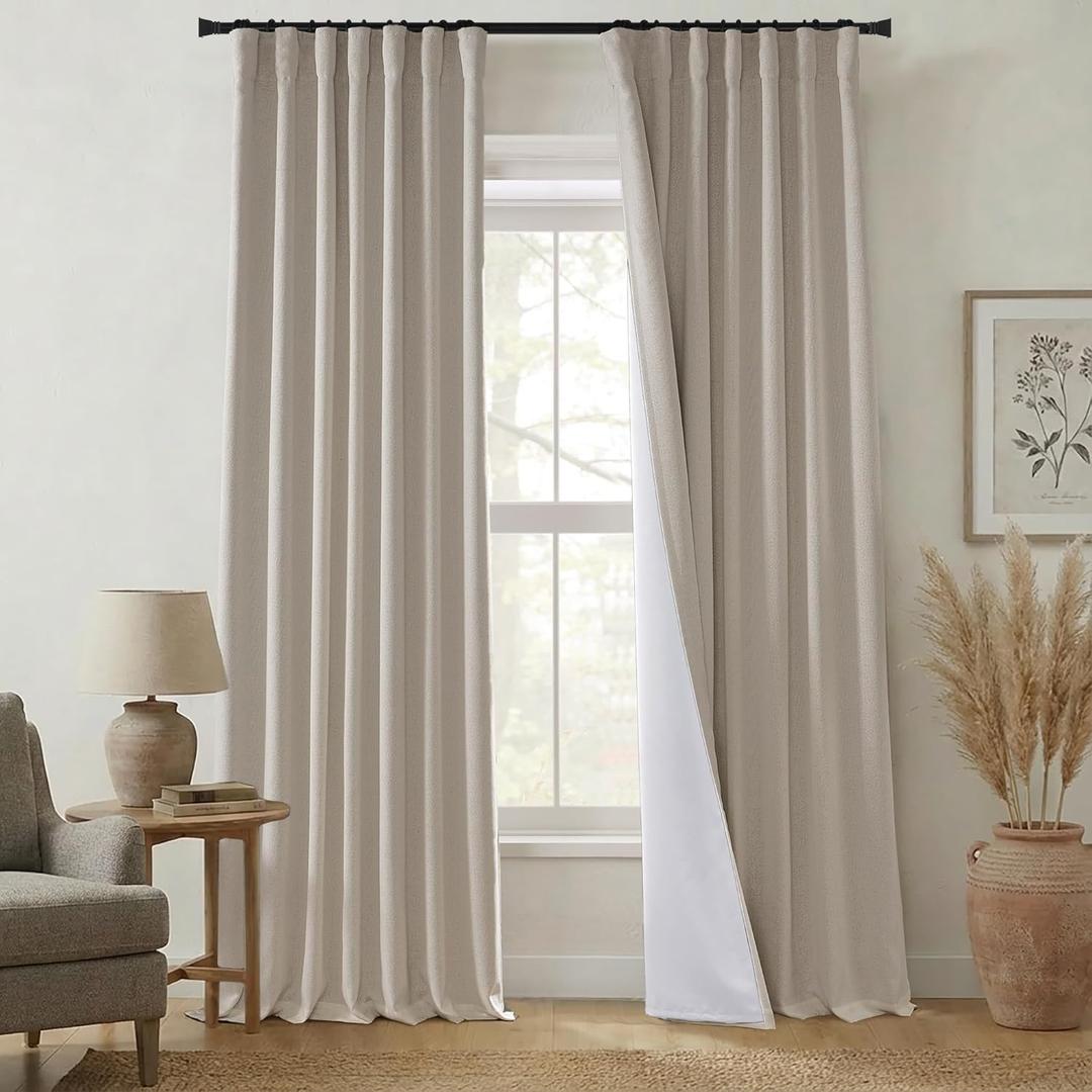 90 Inch Greige Linen Blackout Curtains, 90in Long Black Out Rustic Farmhouse Curtains for Bedroom Living Room, 50 Inch Wide, 2 Panel Set (Tan Beige)