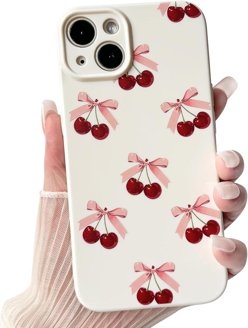 NITITOP Compatible with iPhone 13 Case Cute Cherry Bow Ribbon Design for Women Girls Soft TPU Fit Slim Stylish Full Camera Protection Phone Cover - White Back