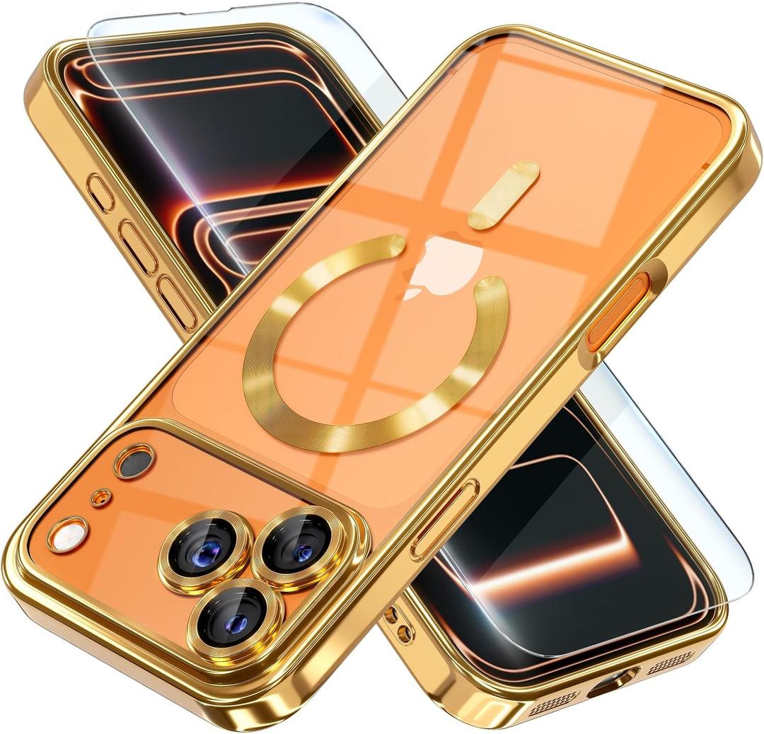 Misea Magnetic for iPhone 17 Pro Max Case Compatible with MagSafe [Never Yellowing] [Military Grade Drop Protection] Full Camera Lens Protector Plating Soft Clear Phone Case for Women, Gold