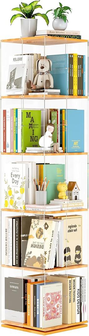 TAKEKIT 5-Tier Rotating Bookshelf, 360 Spinning Book Shelf Tower with Solid Wood & Clear Acrylic, Square Revolving Bookcase for Kids Room, Living Room, Bedroom and Office